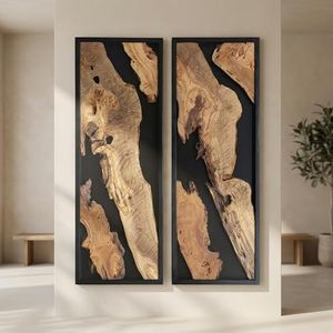 2 Piece Natural Olive Wood Wall Art Set - Live Edge Black Resin Diptych Decor & Handcrafted Modern Rustic Wood Panels, Nature-Inspired Luxury for Living Room - 24x60"