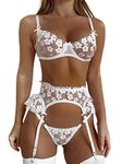 Kaei&Shi Garter Lingerie for Women,Floral Embroidered Underwire Sexy Lingerie Set,Ruffle Matching G-String 3 Piece Sheer Lace Lingerie Petite Bridal Wedding Honeymoon Bride White Small