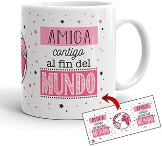 Kembilove Taza la Mejor Amiga del Mundo – Taza con Mensaje Amiga contigo al Fin del Mundo – Regalo Hermana Original – Regalos Originales para cuñados – Tazas Originales para Familiares