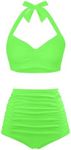 Holipick Women High Waisted Bikini Sets Two Piece Swimsuit Tummy Control Bathing Suit Halter Top with Full Coverage Bottom, Neon Green, Medium