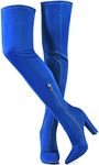 WSKEISP Women's Thigh High Boots Stretch Suede Over The Knee High Boots 4.13IN Chunky Heel Fall Winter Boots, Blue, 12