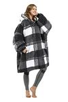 Catalonia Classy Warm Wearable Blanket, Soft Hooded Snuggle Blanket, Tartan Hoodie Blanket Oversized, Cozy Hoody Gifts For Adults Men Women, Buffalo Plaid Black