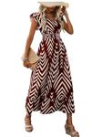 Shasmi Women's & Girl's Maroon V-Neck Striped Printed Dress with Ruffled Hem and Belted Waist for Vacation, One Piece Dress for Women's Casual Dress (Dress 140 Maroon-L)