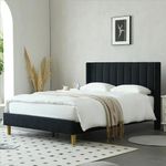 YUHUASHI Upholstered Platform Bed Frame/Full Bed Frame/Modern Geometric Double-Wing Design Headboard/Flannel and Linen Fabric/Easy to Assemble No Noise (Black, Full)