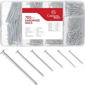 CrimsonMark Nails Assortment Kit - 700 PCS Galvanized High-Carbon Steel Nails for Hanging Pictures & Wall Art Decor, Includes Organizer Box with 6 Sizes: 3/4", 1", 1-1/4", 1-1/2", 2" & 1" Finish Nails