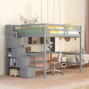 CuisinSmart Full Size Loft Bed with Built-in Desk, Bookshelves and Storage Staircase,Wooden Loft Bed Frame with Wood Slats Support, Easy Assembly, No Box Spring Needed Grey