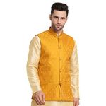 KRAFT INDIA Men Silk Blend Paisley Yellow Nehru Jacket Only, Size- Large