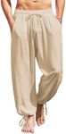 COOFANDY Men's Cotton Linen Pants Casual Harem Pants Elastic Waist Beach Boho Yoga Trousers Light Khaki