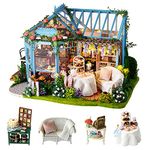 CUTEROOM Dollhouse Miniature with Furniture, Miniature House Kit,3D Wooden Miniature Doll House with Music Box & LED Lights,1:24 Scale DIY House Kit (Rose Garden Tea House)