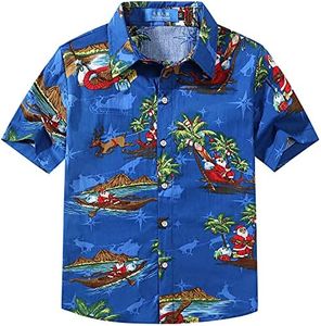 Big Boys Hawaiian Shirt, Kids Hawaiian Shirt, Boys Cotton Beach Shirt Tropical Short Sleeve Button Up Shirts (Medium, Dark Blue)