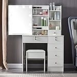 Dressing Table with Mirror and Stool, Vanity Desk with 6 Drawers and Storage Shelves, Makeup Organiser for Bedroom Girls Women