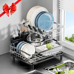 MOUKABAL Dish Drying Rack - 2 Tier Stainless Steel Dish Rack, Dish Racks for Kitchen Counter, Drying Rack Kitchen with Removable Utensil Holder and Drainboard (Black)