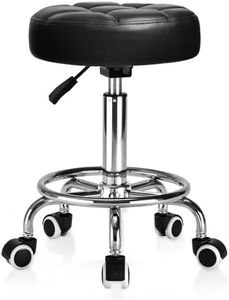 Rolling Stool PU Leather Round - Ultra Soft Padded Seat Cushion Stool with Wheels with Footrest, Weight Capacity 300lb,Adjustable Height Stool for Tattoo Massage Salon Medical Spa Center (Black1)