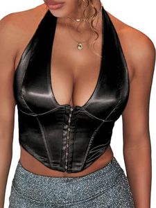 OYOANGLE Women's Hook and Eye Halter Corset Top V Neck Backless Sleeveless Crop Bustier Tops Black Small