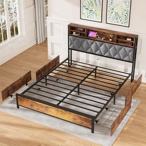 ADVWIN Queen Size Bed Frame with 4 Storage Drawers, Tufted Storage Headboard with Charging Station and USB Port, Rustic Brown & Gray