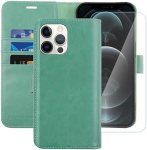MONASAY Wallet Case Compatible for iPhone 12 Pro/iPhone 12 5G,6.1-inch [Glass Screen Protector Included] [RFID Blocking] Flip Folio Leather Cell Phone Cover with Credit Card Holder, Mint
