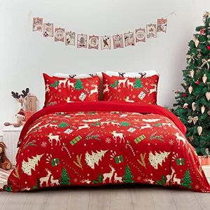 Christmas Duvet Cover Set King,Xmas Tree Reindeer Printed Bedding Set Soft Lightweight Comforter Cover for Festive Bedroom Decor 3 Pieces(1 Duvet Cover and 2 Pillowcases) Zipper Closure