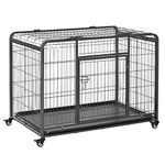 PawHut Folding Heavy Duty Dog Crate Heavy Duty Cage for Large Sized Dogs with Double Doors, Lockable Wheels Tray, 43" x 28" x 31"