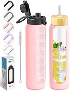 Nefeeko 32 oz Glass Water Bottles with Straw, Motivational Glass Water Bottle with Time Marker, 1 Liter BPA FREE Leakproof Reusable Glass Water Bottle with Silicone Sleeve, Bamboo Lid, Spout Lid
