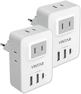 2 Pack European Travel Plug Adapter, VINTAR Canada US to Europe Power Adaptor with 3 USB Ports (1 USB C) and 4 AC Outlets, 7 in 1 International Travel Adapter Charger to Most of Europe (Type C)