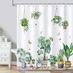 Bonhause Green Potted Plant Shower Curtain Hanging Tropical Plants Leaves Bathroom Curtain 180 x 180 cm Waterproof Mildew & Mould Resistant Polyester Fabric Bath Curtain with 12 Hooks