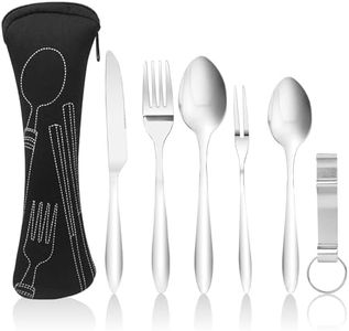 Fousenuk 6 Piezas Cubiertos Camping Set, Juego de Cubiertos Acero Inoxidable con Cuchillos, Tenedores, Bolsa de Almacenamiento, Cubiertos para Llevar al Trabajo, para Exterior, Picnic, Viajes