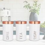 DARAZ Kitchen Canister Set with Lids, 3 Piece Food Storage Container Organizer, Tea, Coffee and Sugar Containers, White Copper