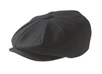 Peaky Blinders 8 Piece 'Newsboy' Style Flat Cap -Melton Wool Fabric , Black, X-Large (61cm)