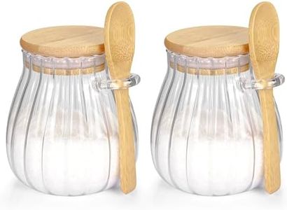 holoith 2Pcs Sugar Container with Bamboo Lid and Spoon,15oz Sugar Bowl Glass Jar for Coffee Bar Accessories Coffee Canister Kitchen Decor Housewarming Gift Christmas Refillable Design