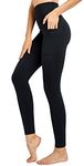 COOLOMG High Waist Yoga Pants with Big Pockets Workout Running Leggings Tummy Control Ankle Tights Black S