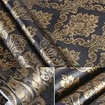 Black Gold Damask Adhesive Sheet Shelf Liner Peel & Stick Dresser Drawer Sticker Wallpaper for Countertop Kitchen Cabinets Wall Table Door Desk 60cm by 200cm