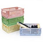 Xhwykzz 4 Pack Mini Pastel Crates for Storage, Mini Plastic Folding Baskets, Cute Colorful Organizing Crates for Bedroom Office Classroom Bathroom Desktop Drawer Shelf(5.9x3.9x2.2in)