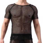 Drelaar Men's Novelty Fishnet Crewneck Short Sleeve T-Shirt Sexy Muscle Undershirt Medium Black