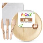 FOOGO Green 125pcs Disposable Palm Leaf Plates, Wooden Cutlery Set and White Napkins, FSC® Certified, 25x Large Round Plates, 25x Forks, 25x Knives, 25x Spoons, 25x White Napkins, Eco Friendly