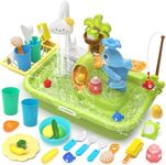 Play Sink with Running Water, 4-in-1 Kids Kitchen Sink Toys with Electric Faucet, Water Table Floating Pool Toy w/Fishing Game, Duck Slide, Pretend Play Dishwasher Set for Toddler Boys Girls (Green)