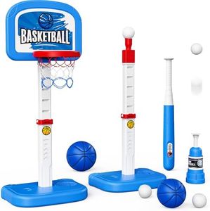 Skirfy 3 in 1 Basketball Hoop and Tee Ball Set for Kids, Baseball Tee with Automatic Pitching Machine Adjustable Height Outdoor and Indoor Sports Toys Birthday Kids Age 3-5 Year Old