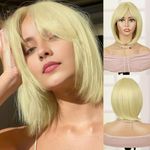 Creamily Short Bob Wig Full Head,Blonde Shoulder Length Hair Wig For Women,Straight Short Hair Wig with Flat Bangs Natural Looking Daily Use Party 10Inch