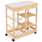 COSTWAY Kitchen Serving Trolley, Rolling Storage Bar Cart with Tile Worktop, Wine Racks, Mesh Baskets, Drawers & Shelves, Wooden Kitchen Island on Wheels for Home Restaurant (Natural)