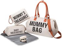 Mummy Bag Set with Mummy Treasures and Baby Necessities Bag-Stylish and Durable Nappy Tote Bag-Comes with Changing Mat & Pacifier Holder-Perfect for New Mums, Baby Shower Gifts and Travelling (White)