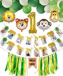 Baby 1st Birthday Decorations, Wild One Highchair Banner, Safari Animal Photo Banner, Number 1 Balloon, Animal Foil Balloons, Green and White Balloons for Baby Jungle Theme Birthday Party Supplies