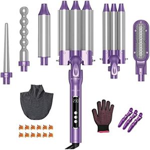 6 in 1 Hair Crimpers and Wavers 3 Barrel Curling Iron Set Ceramic Wave Crimper Hair Waver Triple Barrel Wavy Cripple Waving Crimping Iron Wand Curler Hair Styler with Different Attachments