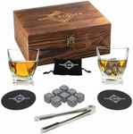 Cool Stones Whiskey Glass Gift Set - 2 Whiskey Glasses and Whiskey Stones with Tongs in Velvet Bag All Presented in an Elegant Wooden Box for Men (Vintage-Wood-Vintage-Rocks)