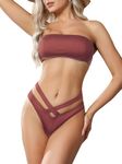 Women's Bandeau Bikini Set Strapless Swimsuits Criss Cross Bottom Two Piece Bathing Suit, Red, XXL