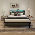 Diolong Queen Bed Frame with Charging Station and LED Lights, Upholstered Headboard with Storage Shelves, Heavy Duty Metal Slats, No Box Spring Needed, Noise Free, Easy Assembly, Dark Grey