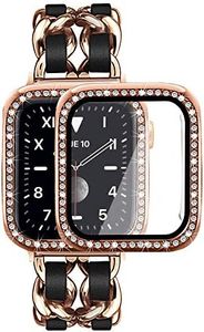 Mosonio Compatible for Apple Watch Band 44mm with Screen Protector Case Women, Jewelry Bracelet Metal Strap with 2-Pack Bling Case Cover for 44mm iWatch Series 6 5 4(Rose Gold Link with Black Leather)