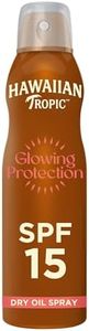 Hawaiian Tropic Brume huile sèche Glowing Protection, Résistante à l’eau, Protection SPF 15, UVA + UVB, Écran solaire en spray, Senteur tropicale, Huile solaire aux plantes des îles, 177 ml