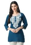 LIBOZA Rayon Kurti For Women - Short Chikankari Kurtis For Girls, Lakhnawi Tunic Top Kurta Design For Ladies, Woman Ethnic Kurthis & Shirt With Sleeve (S, Petrol Blue)