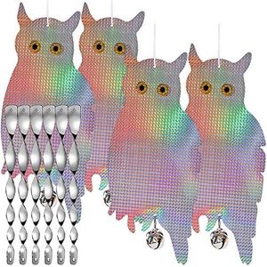 Dyvicl Bird Scare Owls Reflective Owl, Effective Hanging Owl Bird Repellent Devices Fake Owl to Keep Birds Away, Woodpecker Deterrent for House (4 Pack), Bonus 6 Reflective Scare Spiral Rods