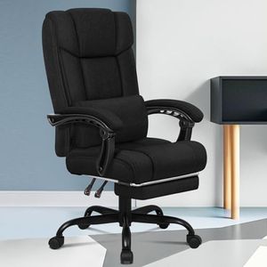 ALFORDSON High Back Ergonomic Study Desk Computer Chair Boss Series, Linen Executive Office Chair with Footrest Recliner for Home Office Student, Fabric Video Gaming Chair, Fabric Black