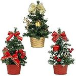 Belle Vous Mini Tabletop Artificial Christmas Trees with LED lights (3 Pack) - 20cm / 7.87 inches- Decorated with Berries, Pine Cones & Bows for Home, Table and Living Room